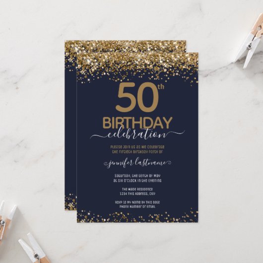 Gold Glitter 50th Birthday Party Invitation Kaart (Voorkant / Achterkant in situ)