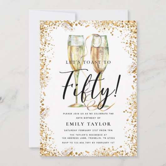 Gold Glitter 50th Birthday Party Kaart (Voorkant)