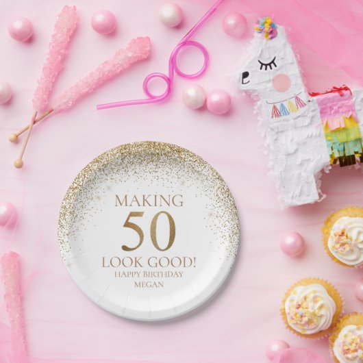 Gold Glitter 50th Birthday Party Papieren Bordje (Feest)