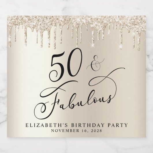 Gold Glitter 50th Birthday Party Sparkling Wijnetiket (Enkel label)