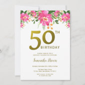 Gold Glitter 50th Birthday Party Waterverf Floral Kaart (Voorkant)