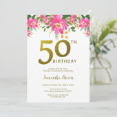 Gold Glitter 50th Birthday Party Waterverf Floral Kaart (Staand voorkant)