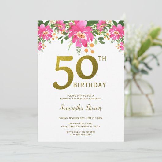 Gold Glitter 50th Birthday Party Waterverf Floral Kaart (Staand voorkant)