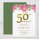 Gold Glitter 50th Birthday Party Waterverf Floral Kaart (Voorkant / Achterkant)