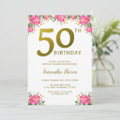 Gold Glitter 50th Birthday Pink Floral Kaart (Staand voorkant)