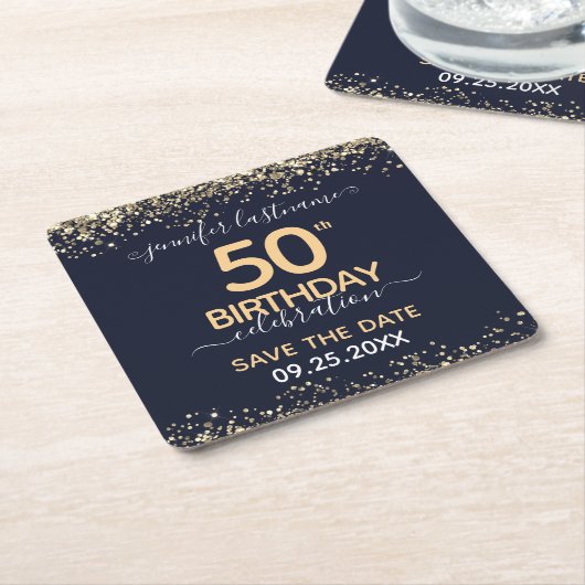 Gold Glitter 50th Birthday Save the Date Kartonnen Onderzetters (Schuin)
