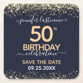 Gold Glitter 50th Birthday Save the Date Kartonnen Onderzetters (Voorkant)