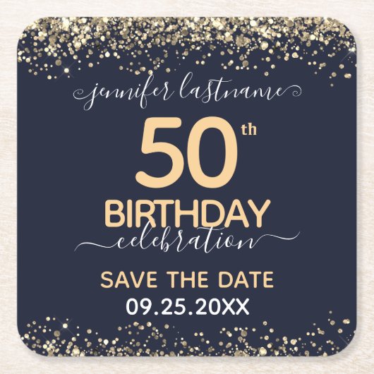 Gold Glitter 50th Birthday Save the Date Kartonnen Onderzetters (Voorkant)