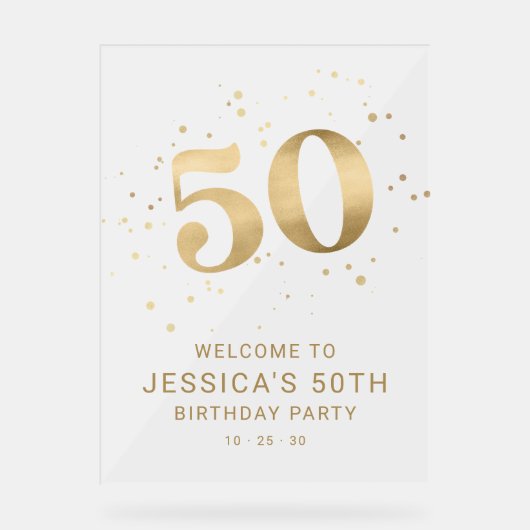 Gold Glitter 50th Fifty Birthday Welcome Party Acryl Bord (Voorkant)