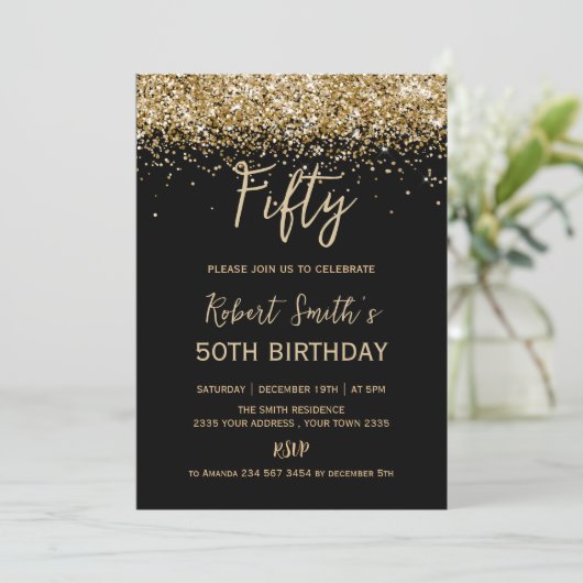 Gold Glitter 50th Surprise Birthday Party Black Kaart (Staand voorkant)