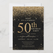 Gold Glitter 50th Surprise Birthday Party Black Kaart (Voorkant)