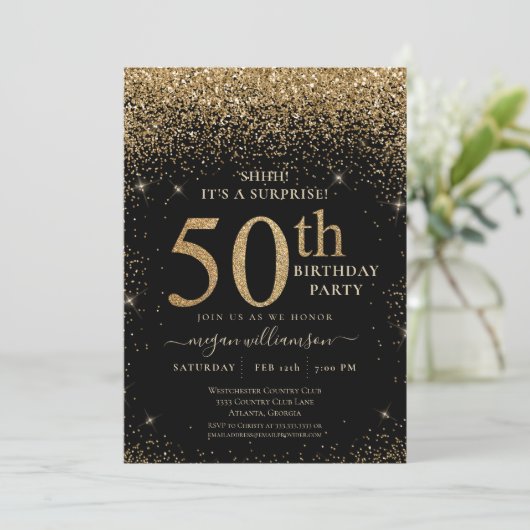 Gold Glitter 50th Surprise Birthday Party Black Kaart (Staand voorkant)