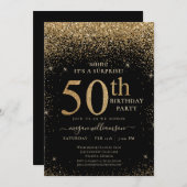 Gold Glitter 50th Surprise Birthday Party Black Kaart (Voorkant / Achterkant)