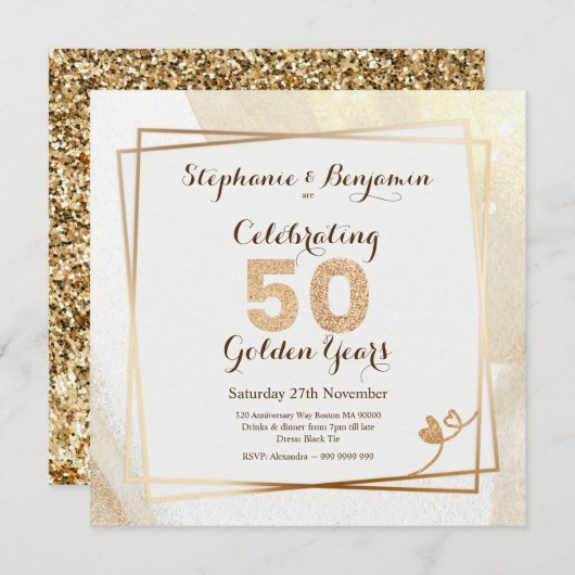 Gold Glitter 50th Wedding Jubileum Tekst legant Kaart (Voorkant / Achterkant)