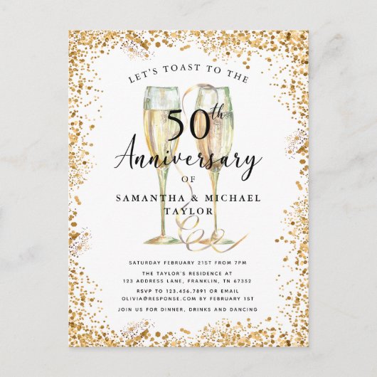 Gold Glitter 50th Wedding Jubileum Uitnodiging Briefkaart (Voorkant)