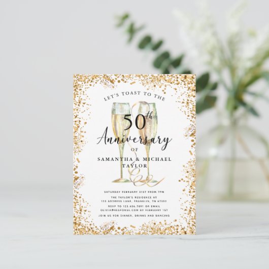 Gold Glitter 50th Wedding Jubileum Uitnodiging Briefkaart (Staand voorkant)