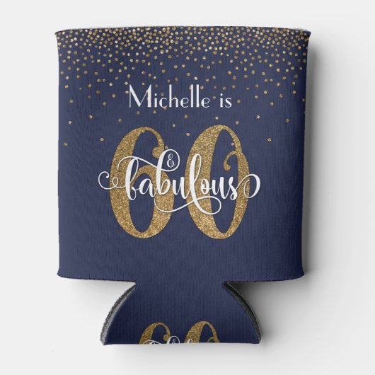 Gold Glitter 60 & Fabulous Navy Blue Birthday Blikjeskoeler (Voorkant)