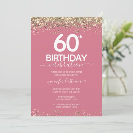 Gold Glitter 60th Birthday Party Invitation Kaart (Staand voorkant)