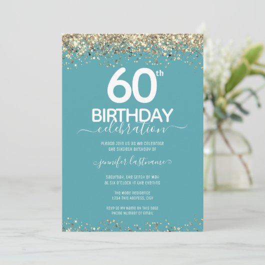 Gold Glitter 60th Birthday Party Invitation Kaart (Staand voorkant)