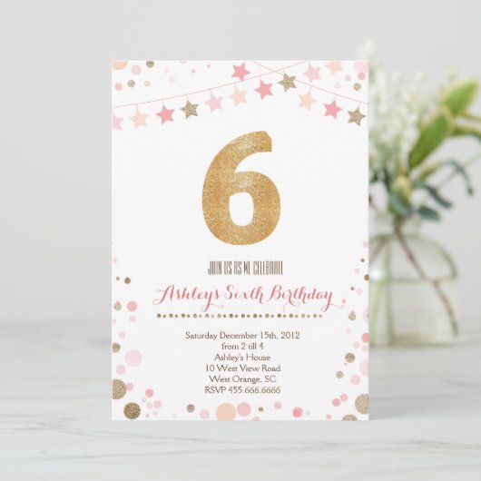 Gold Glitter 6e verjaardag Uitnodiging (Staand voorkant)
