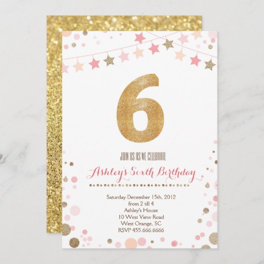 Gold Glitter 6e verjaardag Uitnodiging (Voorkant / Achterkant)