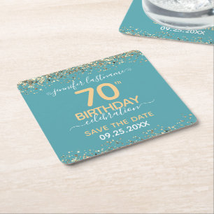 Gold Glitter 70th Birthday Save the Date Kartonnen Onderzetters