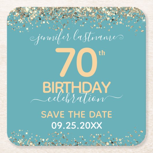 Gold Glitter 70th Birthday Save the Date Kartonnen Onderzetters (Voorkant)