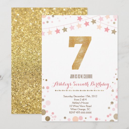 Gold Glitter 7e uitnodiging op zaterdag (Voorkant / Achterkant)