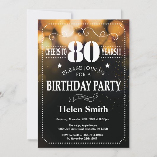 Gold Glitter 80th Birthday Invitation Kaart (Voorkant)