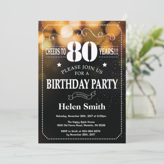 Gold Glitter 80th Birthday Invitation Kaart (Staand voorkant)