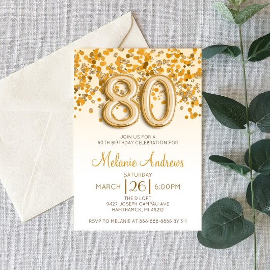Gold Glitter 80th Birthday Party Invitation Kaart