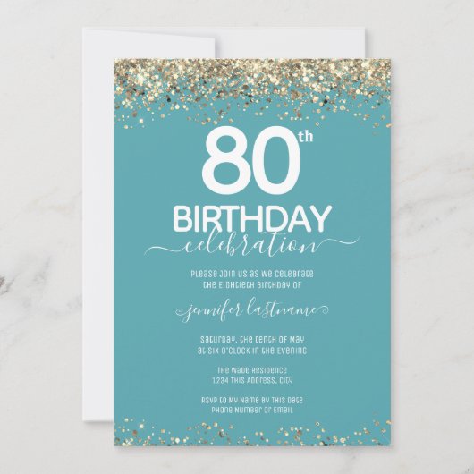 Gold Glitter 80th Birthday Party Invitation Kaart (Voorkant)