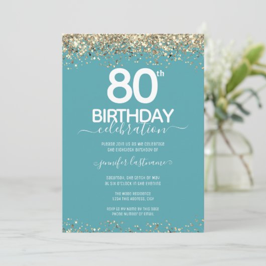 Gold Glitter 80th Birthday Party Invitation Kaart (Staand voorkant)