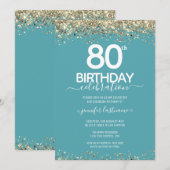 Gold Glitter 80th Birthday Party Invitation Kaart (Voorkant / Achterkant)