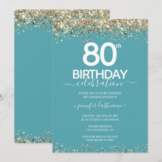 Gold Glitter 80th Birthday Party Invitation Kaart (Voorkant / Achterkant)