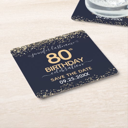 Gold Glitter 80th Birthday Save the Date Kartonnen Onderzetters (Schuin)