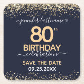Gold Glitter 80th Birthday Save the Date Kartonnen Onderzetters (Voorkant)