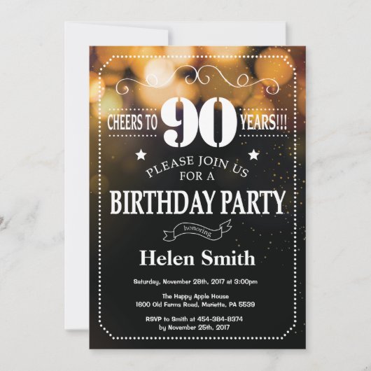 Gold Glitter 90th Birthday Invitation Kaart (Voorkant)