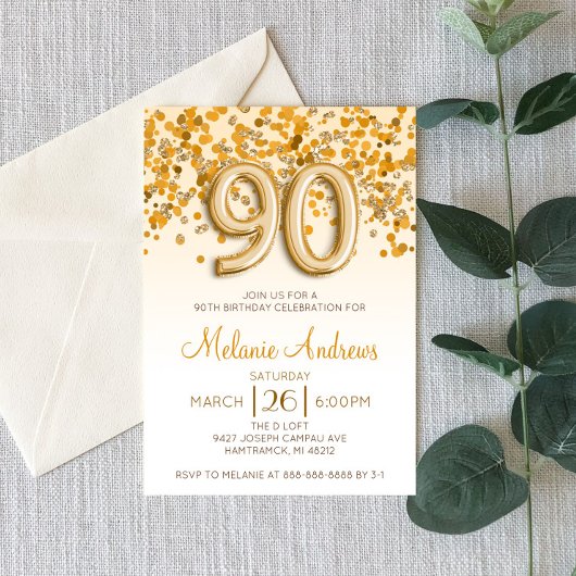 Gold Glitter 90th Birthday Party Invitation Kaart