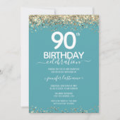 Gold Glitter 90th Birthday Party Invitation Kaart (Voorkant)
