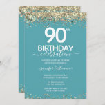 Gold Glitter 90th Birthday Party Invitation Kaart<br><div class="desc">Elegant Faux Gold glitter met de scherpende confetti hoogtepunten op de boven- en ondergrens. Alle tekst kan worden aangepast en kan eenvoudig worden gewijzigd voor uw eigen wensen. Geweldig elegante 90e verjaardag sjabloon.</div>