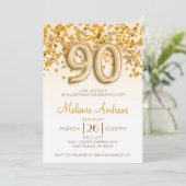Gold Glitter 90th Birthday Party Invitation Kaart (Staand voorkant)