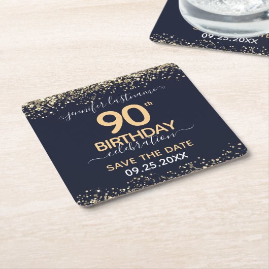 Gold Glitter 90th Birthday Save the Date Kartonnen Onderzetters (Schuin)