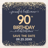 Gold Glitter 90th Birthday Save the Date Kartonnen Onderzetters (Voorkant)