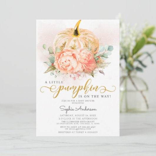 Gold Glitter A Little Pumpkin Herfst Baby shower Kaart (Staand voorkant)