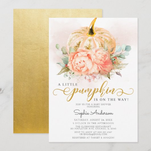 Gold Glitter A Little Pumpkin Herfst Baby shower Kaart (Voorkant / Achterkant)