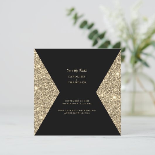 Gold Glitter Afbeelding & B/W Foto Save the Date (Staand voorkant)