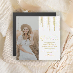 Gold Glitter Afstudeerder Party Photo Magnetic Inv