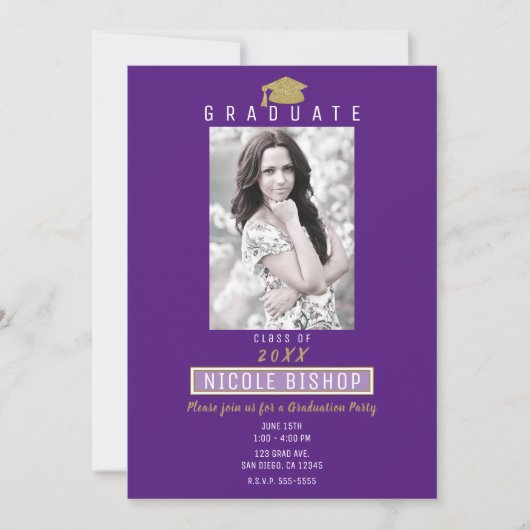 Gold Glitter Afstudeerder Pet Paarse Graduparty Kaart (Voorkant)