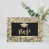 Gold Glitter Afstudeerder Pet, Sequins Graduparty RSVP Kaartje (Staand voorkant)